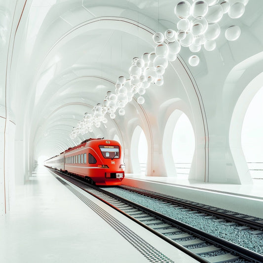 Un train rouge vif, symbolisant la vitalité et l'énergie,une gare futuriste et lumineuse. Cette image illustre la force et la rapidité, évoquant l'efficacité d'un complément nutritionnel avancé.